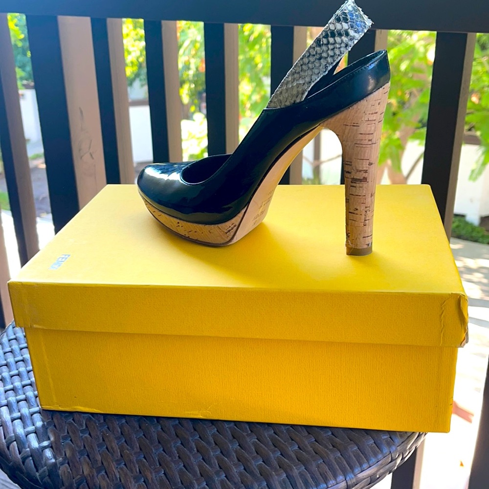 Fendi Black Patent Leather Cork Platform Slingback